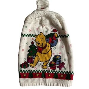 Kitchen Towel Hanging Winnie The Pooh Christmas Holiday Crochet Top Red Button